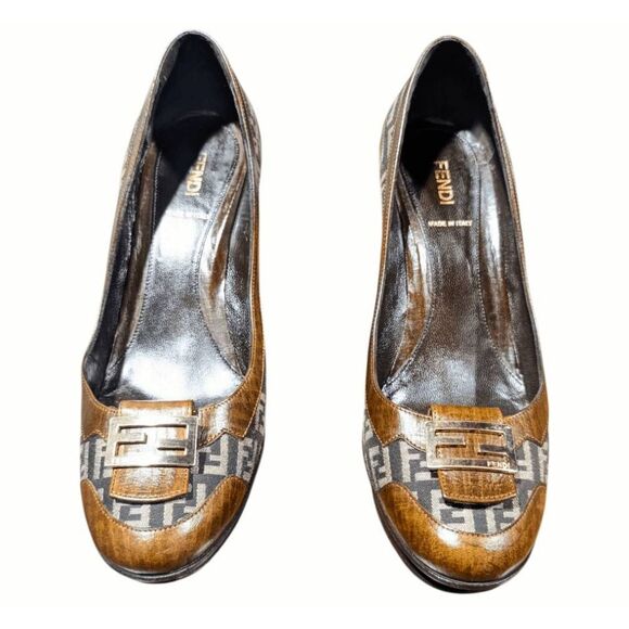 FENDI Zucca FF Leather Logo Platform Pumps Size 38 - Picture 4 of 12